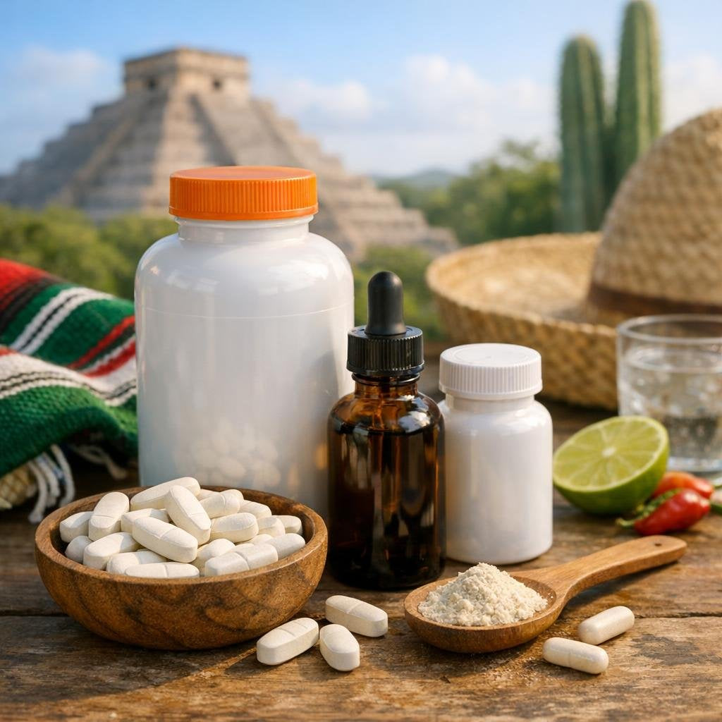 Suplementos de condroitina, glucosamina y colágeno en frascos