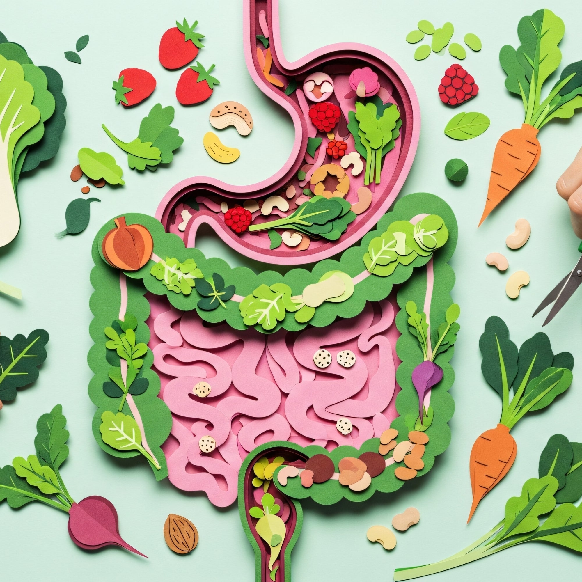 Suplementos de fibra representados en una ilustración de nutrición y bienestar digestivo