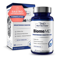 1MD Nutrition botella frontal del suplemento BiomeMD mostrando la marca y beneficio digestivo