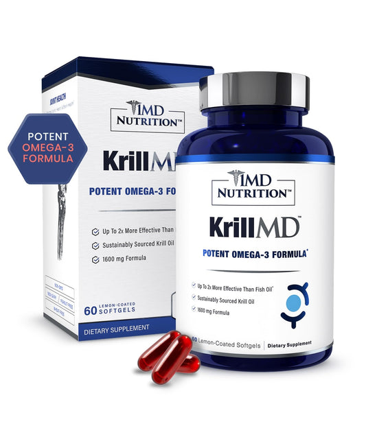 1MD Nutrition KrillMD frasco frontal mostrando presentación y beneficio de omega‑3
