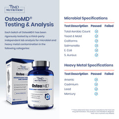 1MD Nutrition primer plano de cápsula OsteoMD destacando textura y calidad
