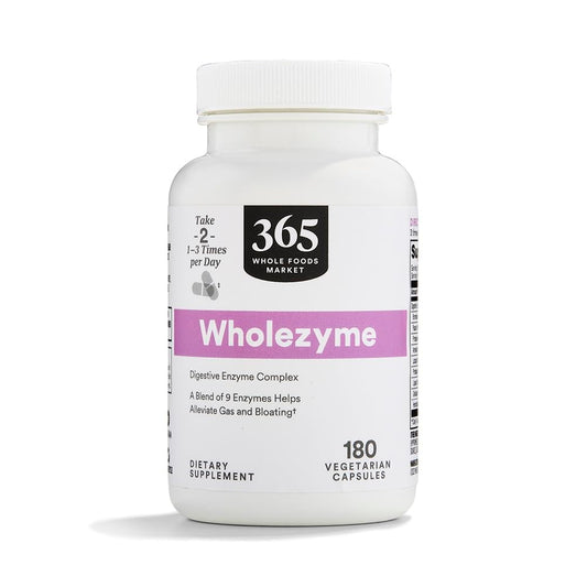 365 by Whole Foods Market frasco Wholezyme 180 cápsulas mostrando etiqueta y beneficios