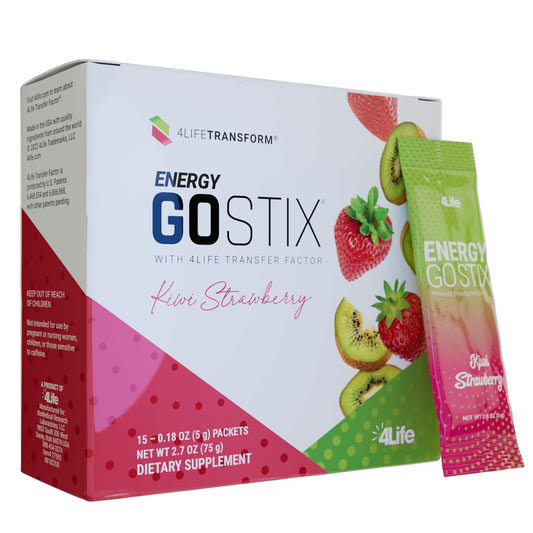 4Life Energy Go Stix sabor kiwi fresa, ideal para energía diaria.