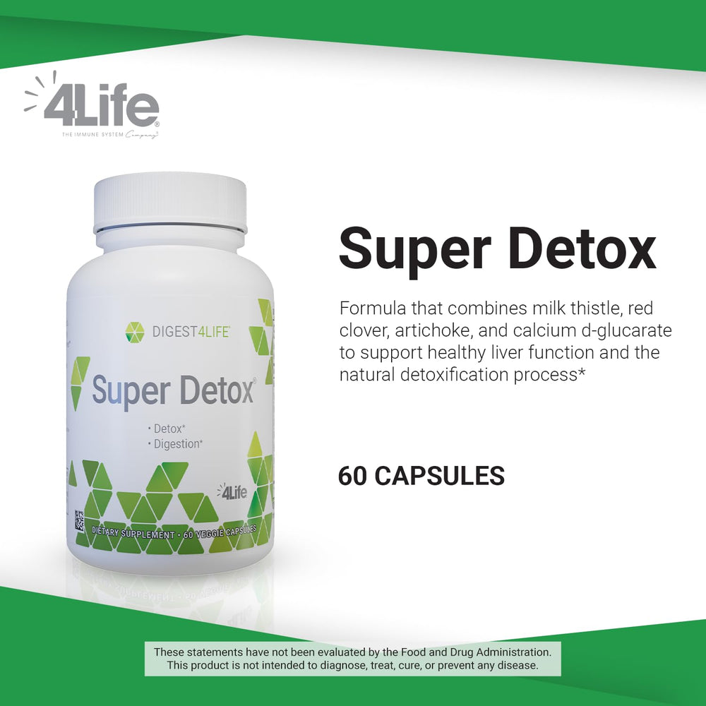 Etiqueta frontal de 4Life Super Detox destaca alcachofa y cardo mariano.