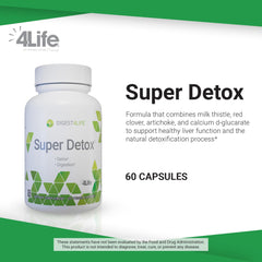 Etiqueta frontal de 4Life Super Detox destaca alcachofa y cardo mariano.