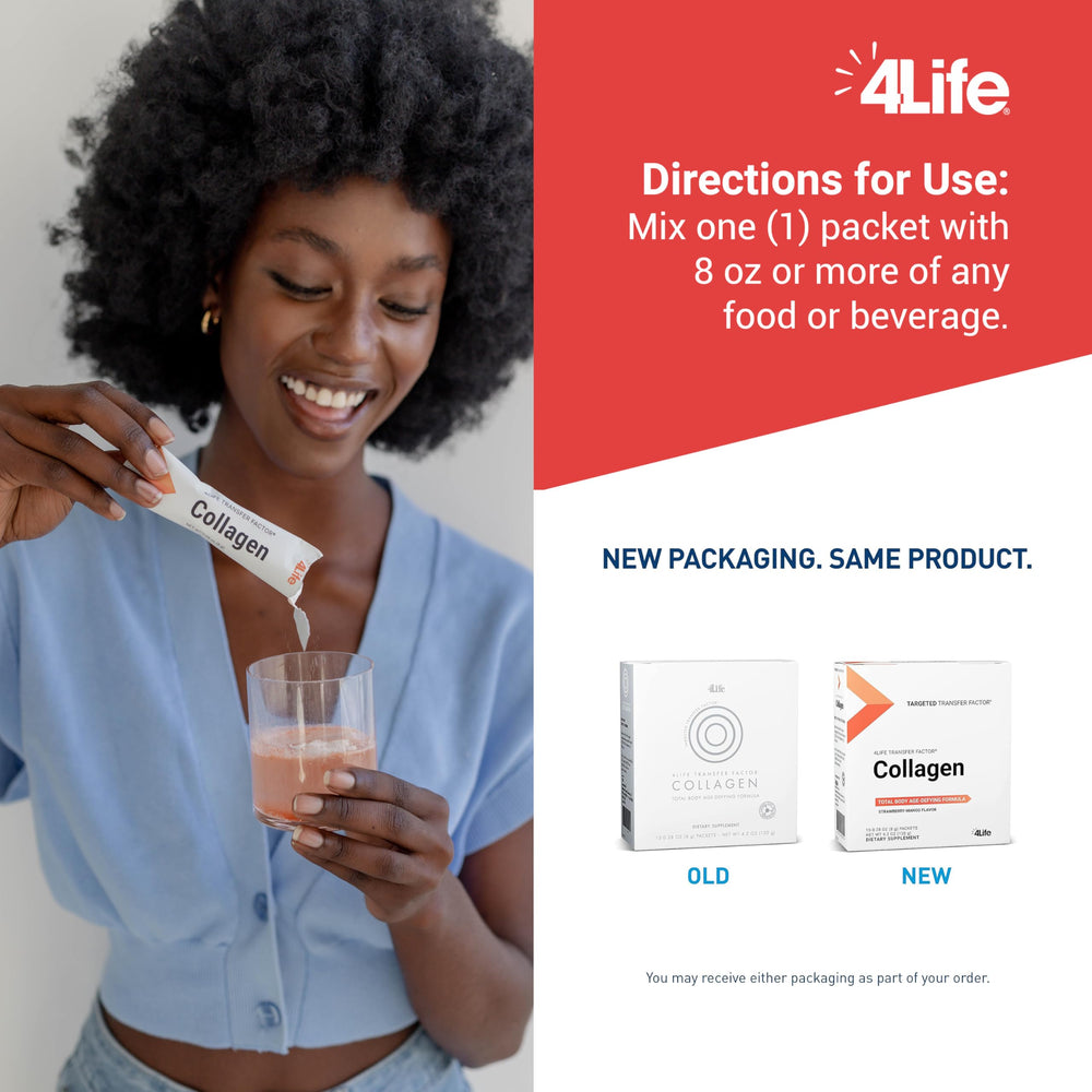 4Life Transfer Factor Collagen, ingredientes y vitaminas, soporte diario para uñas y cabello.