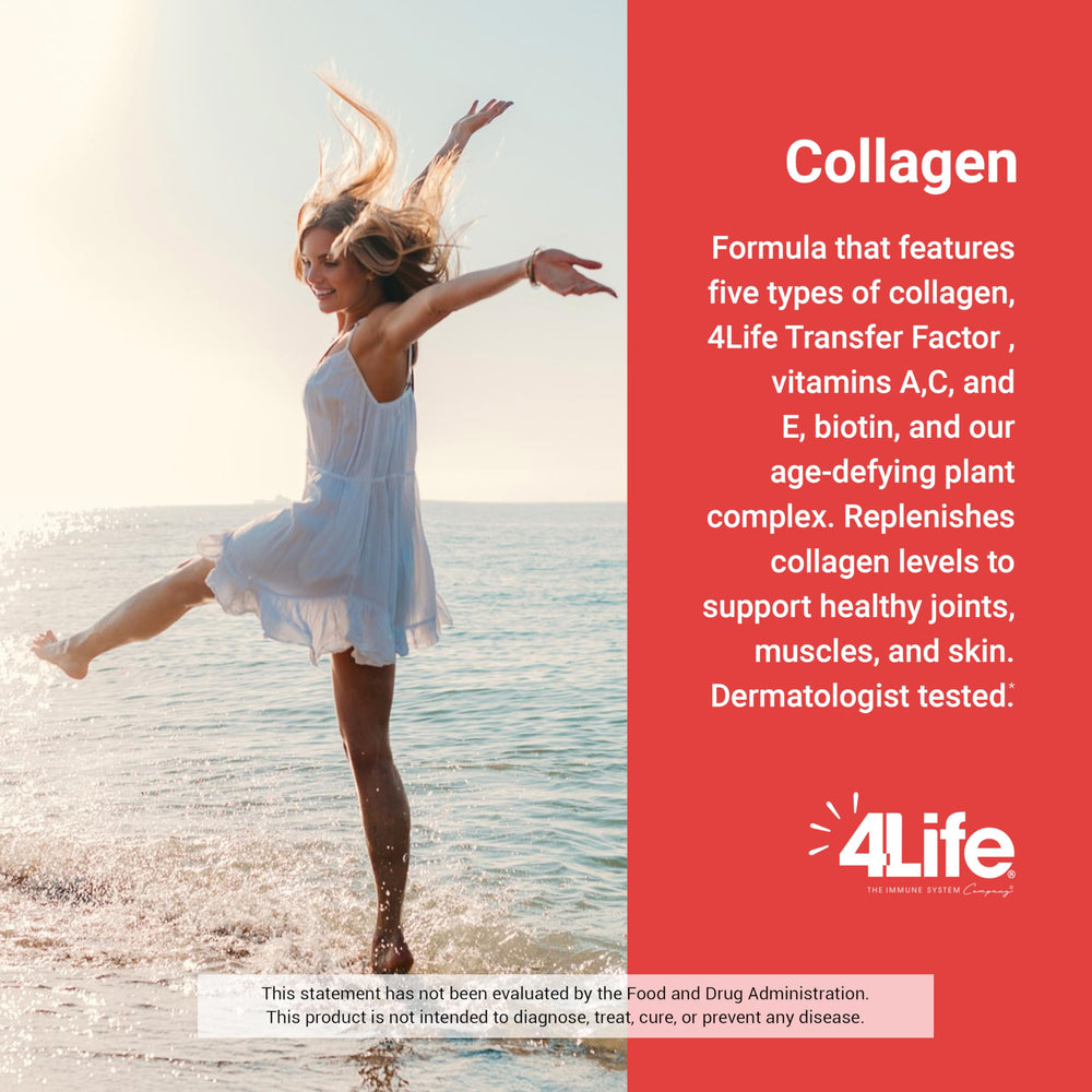 4Life Transfer Factor Collagen, textura polvo, muestra integración en bebidas.