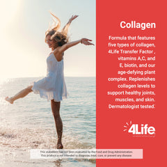 4Life Transfer Factor Collagen, textura polvo, muestra integración en bebidas.