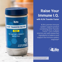 Botella 4Life Transfer Factor Plus en estante, opción de nutrición inmunitaria equilibrada.