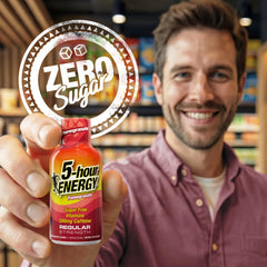 5-hour ENERGY comparación de tamaño junto a una taza para referencia