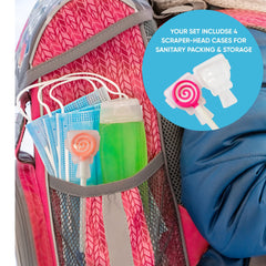55Dental contenido del pack sobre mesa, incluye cuatro raspadores y fundas para viaje