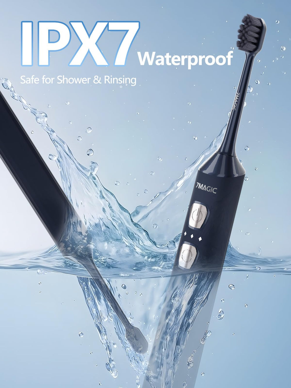 7MAGIC cepillo sónico bajo agua demostrando resistencia IPX7 y seguridad
