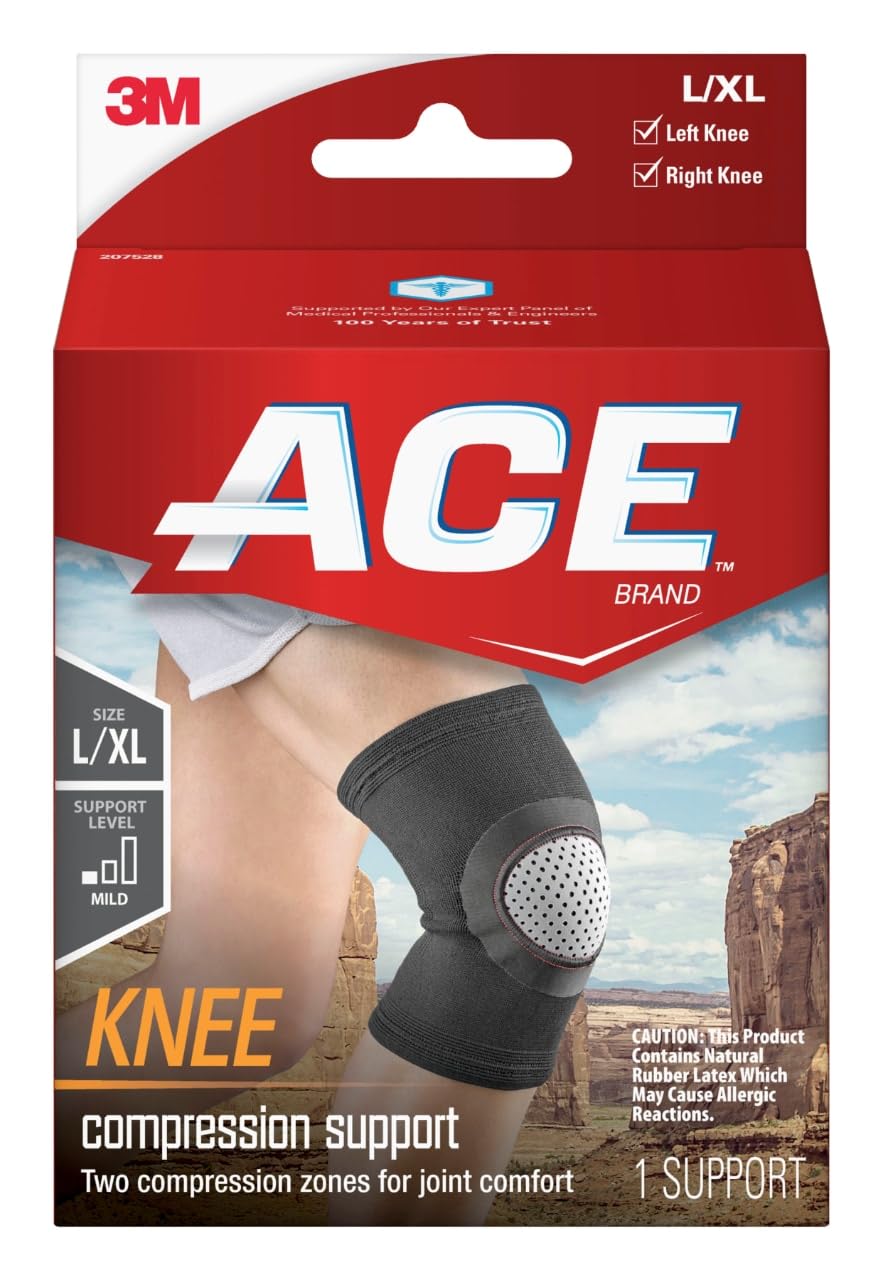 ACE frente del empaque mostrando soporte de rodilla y beneficios de compresión
