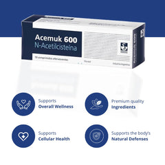 Acemuk NAC 600 mg bottle close-up emphasizing premium quality daily supplement.