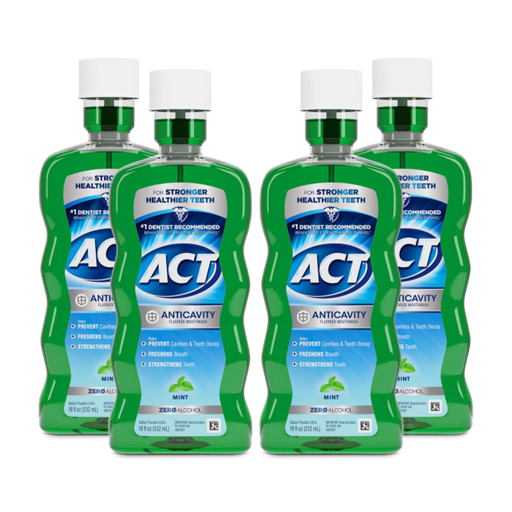 ACT enjuague pack de 4 mostrando el frente y etiqueta, protección anticaries