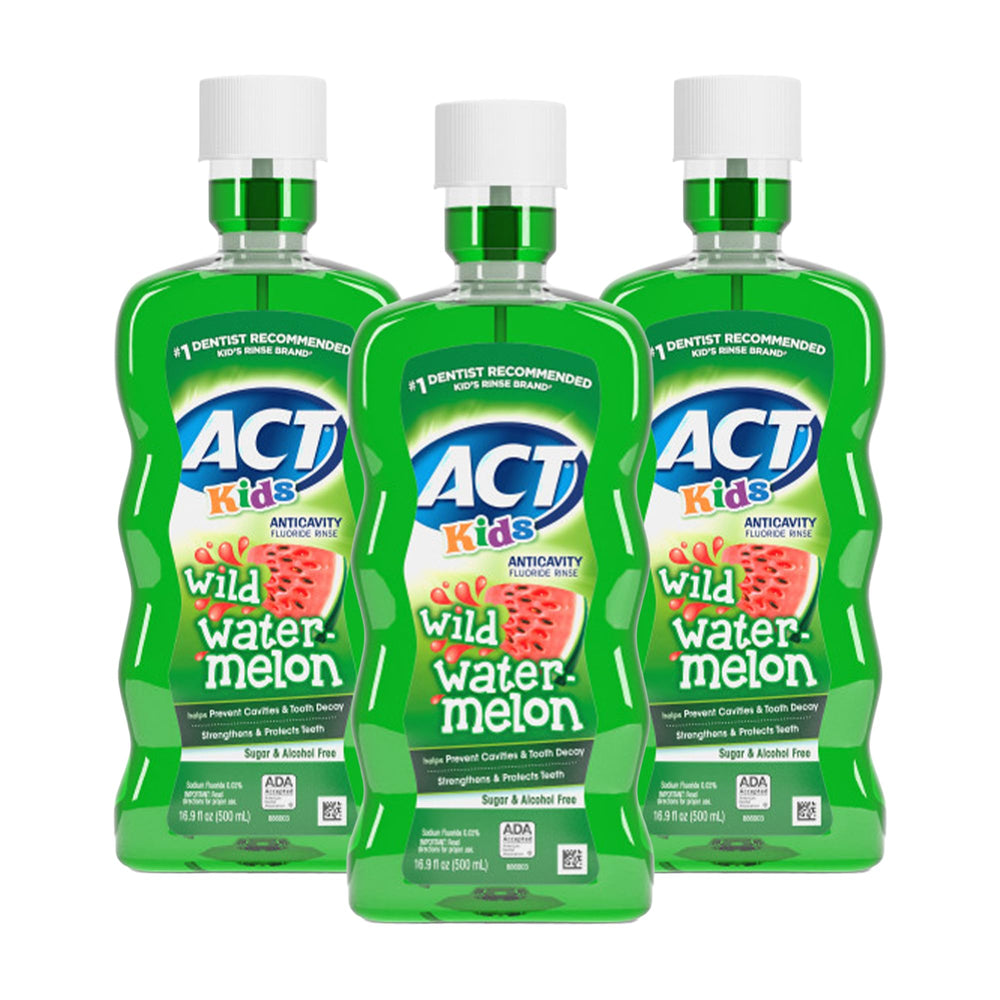 ACT Kids enjuague frontal pack de tres muestra empaque y tamaño, facilita abastecimiento