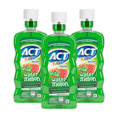 ACT Kids enjuague frontal pack de tres muestra empaque y tamaño, facilita abastecimiento