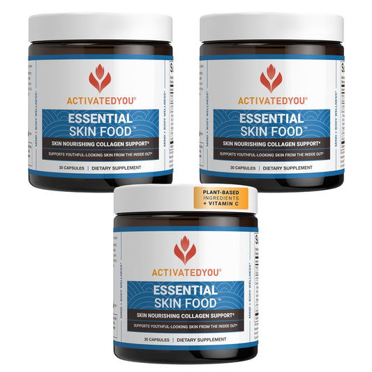 ACTIVATEDYOU Esencial Skin Food: botella con cápsulas para la rutina diaria de la piel.