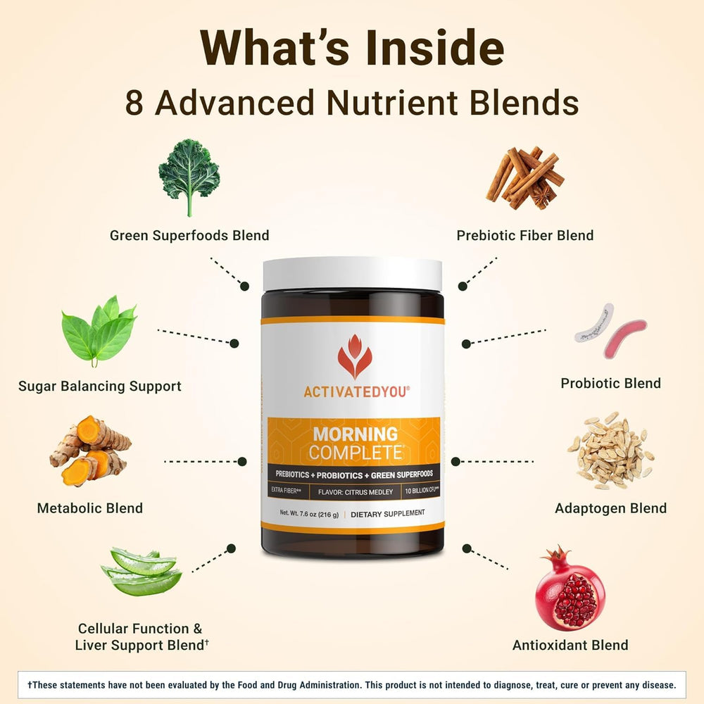 ACTIVATEDYOU Morning Complete glass with dissolved drink illustrates easy daytime energy without crashes.