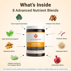 ACTIVATEDYOU Morning Complete glass with dissolved drink illustrates easy daytime energy without crashes.