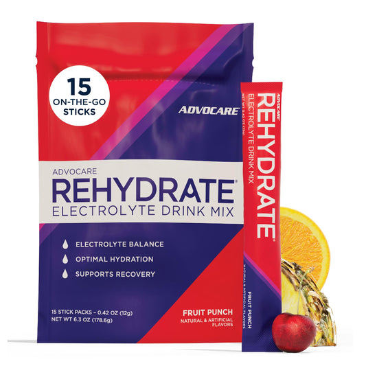 AdvoCare envase frontal con sobres Fruit Punch, fácil identificación y transporte