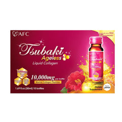 AFC Tsubaki Ageless detalle de botella y textura del líquido para ingestión fácil