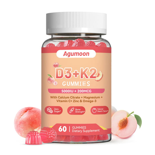 Agumoon frasco delantero con gomitas D3 K2 mostrando etiqueta clara y ventaja de dosis alta