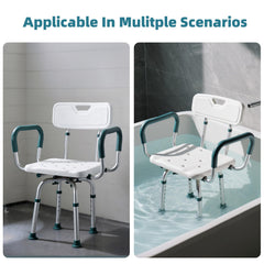 Aidwaygo persona usando la silla en una ducha demostrando seguridad y apoyo