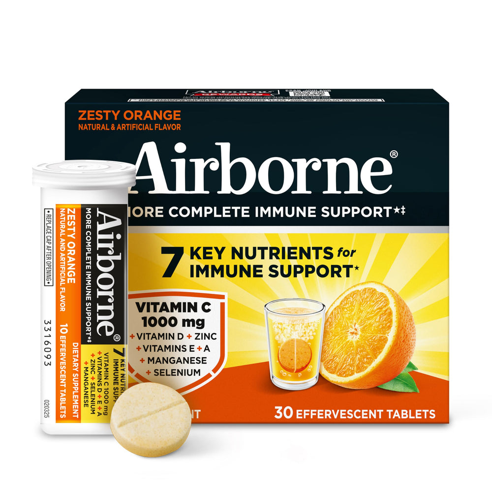 airborne empaque frontal sabor naranja mostrando contenido y marca, beneficio conveniencia