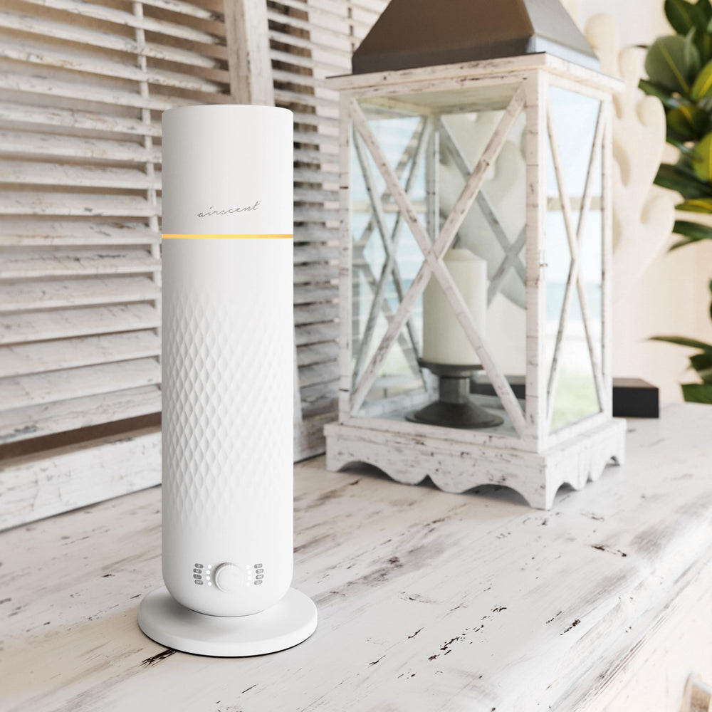 Air-Scent Waterless Diffuser white top view with compact desk-friendly form