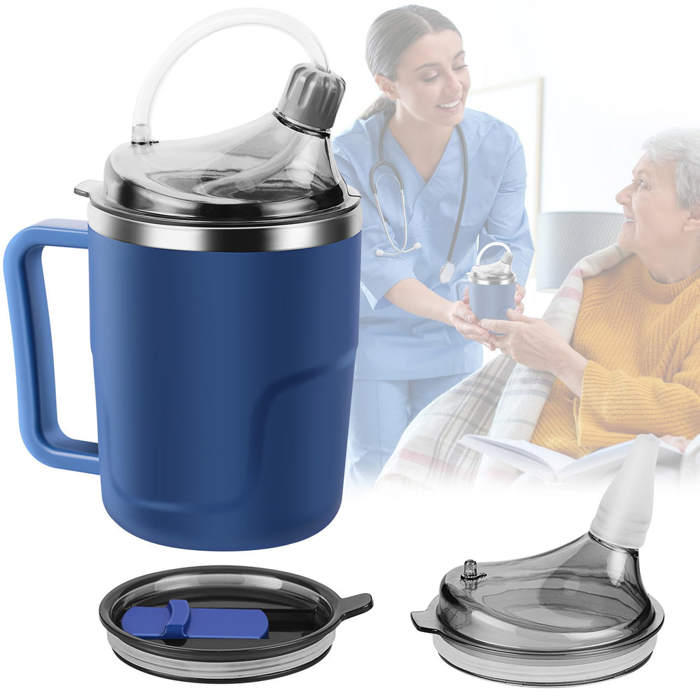 AKIMRABY vaso antiderrame visto de frente con tapa, facilita beber sin derrames