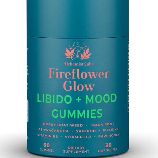 Alchemist Labs Fireflower Glow gomitas en botella para mujeres, apoyo a energía y bienestar.