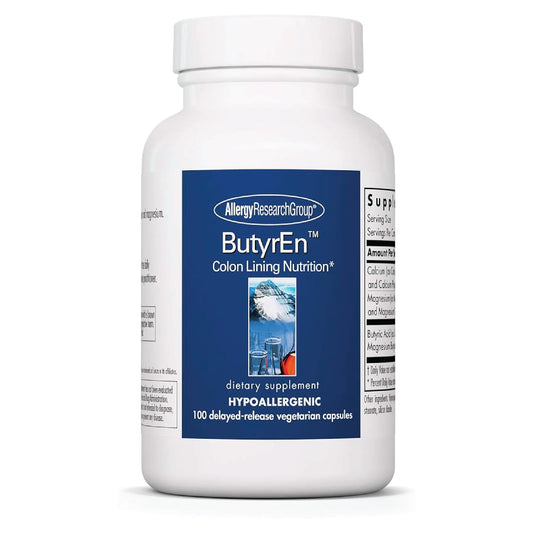 Allergy Research Group ButyrEn: botella de cápsulas para apoyo intestinal diario.