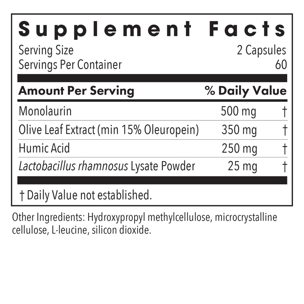 Allergy Research Group Humic-Monolaurin Complex ingredients panel shows active components.