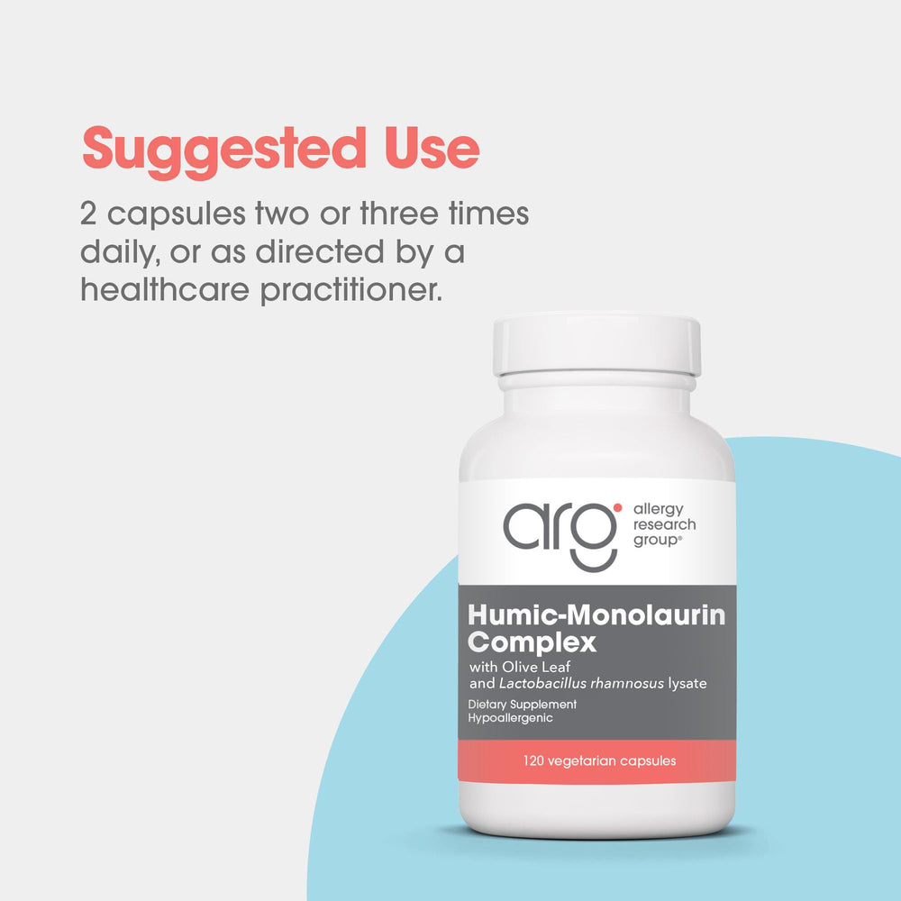 Allergy Research Group Humic-Monolaurin Complex with Lactobacillus rhamnosus lysate capsules.