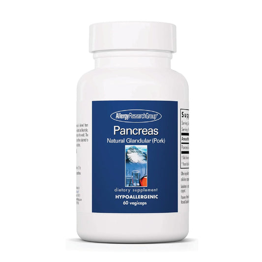 Allergy Research Group Pancreas Pork Supplement bottle label highlighting digestive enzyme support