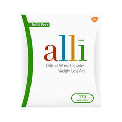 alli frente del envase mostrando cantidad y diseño, útil para identificar el producto