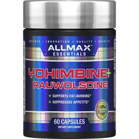 ALLMAX Essentials Yohimbina + Rauwolscina, botella visible para entrenamientos intensos y enfoque.