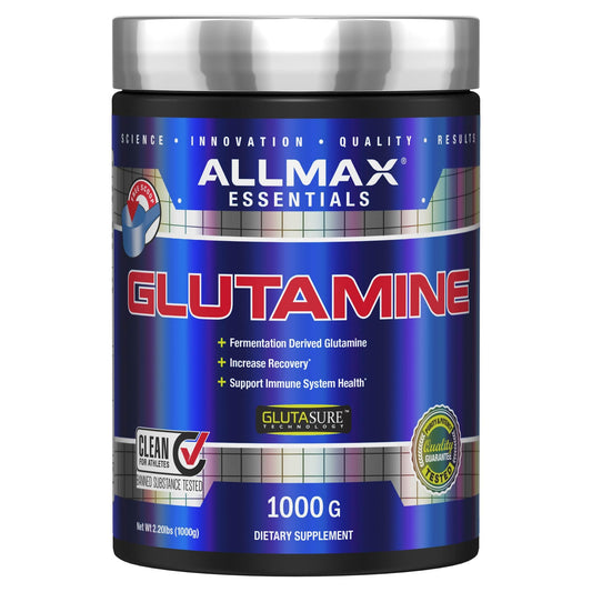 ALLMAX Glutamina polvo blanco en envase, apoyo a la recuperación muscular tras el entrenamiento.