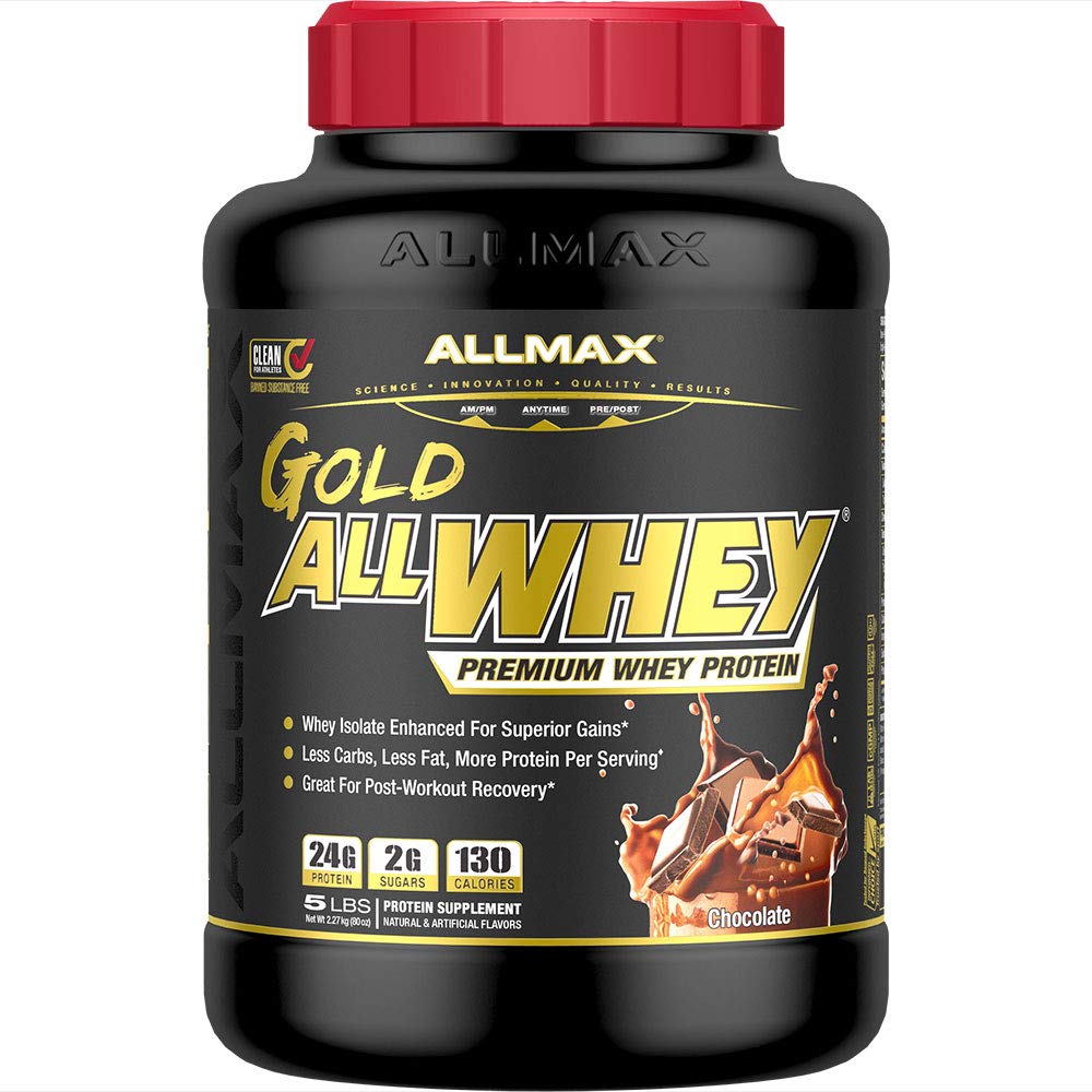 ALLMAX Gold ALLWHEY Chocolate: lata visible y sabor agradable para recuperación.