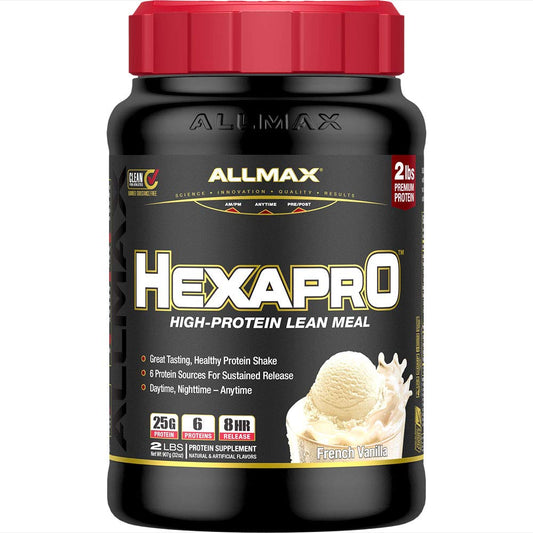 ALLMAX HEXAPRO bote vainilla francesa, proteína de alta calidad para recuperación muscular.