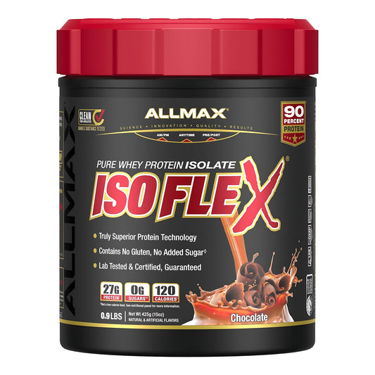 ALLMAX IsoFlex, bote principal mostrando proteína de suero de alta calidad para recuperación tras entreno.