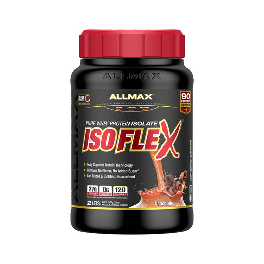 ALLMAX IsoFlex: bote de proteína aislada al 90% para recuperación muscular limpia.