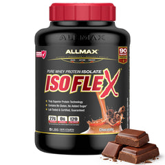 ALLMAX envase ISOFLEX frente mostrando tamaño y sabor chocolate