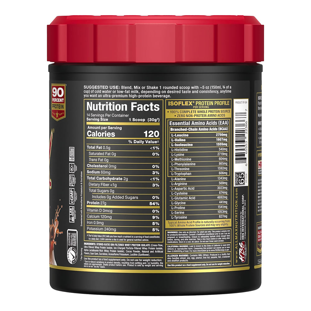 ALLMAX IsoFlex, etiqueta nutricional visible para comparar composición.
