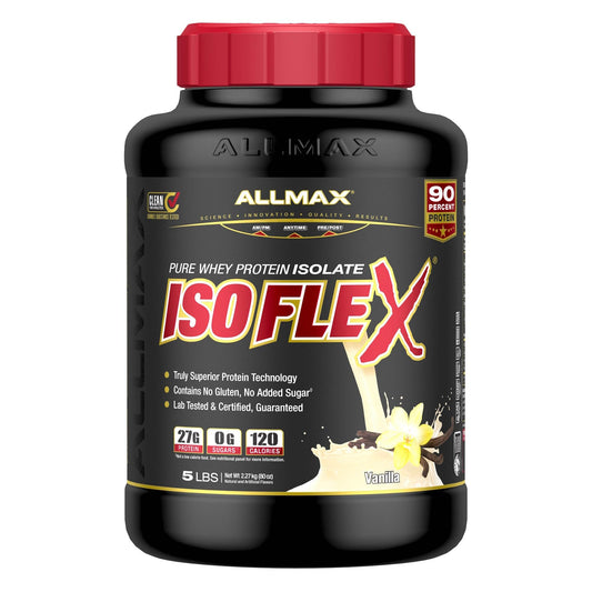 AllMax ISOFLEX proteína aislada vainilla en lata, favorece recuperación muscular.