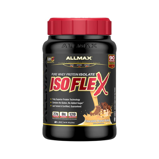 ALLMAX ISOFLEX en envase mantequilla de cacahuete chocolate, ideal para batidos.