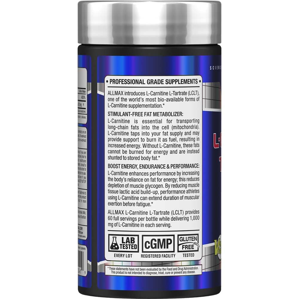 ALLMAX L-Carnitina Tartrato: etiqueta frontal clara para reconocer rendimiento.