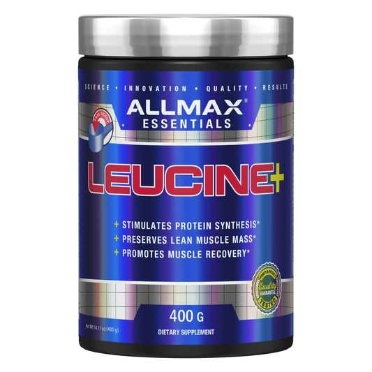 ALLMAX Leucine 400 g, pote, apoya la recuperación muscular tras entrenar.