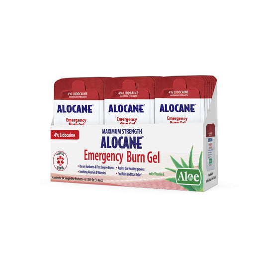 Alocane frente del paquete individual mostrando marca y dosis, útil para emergencias